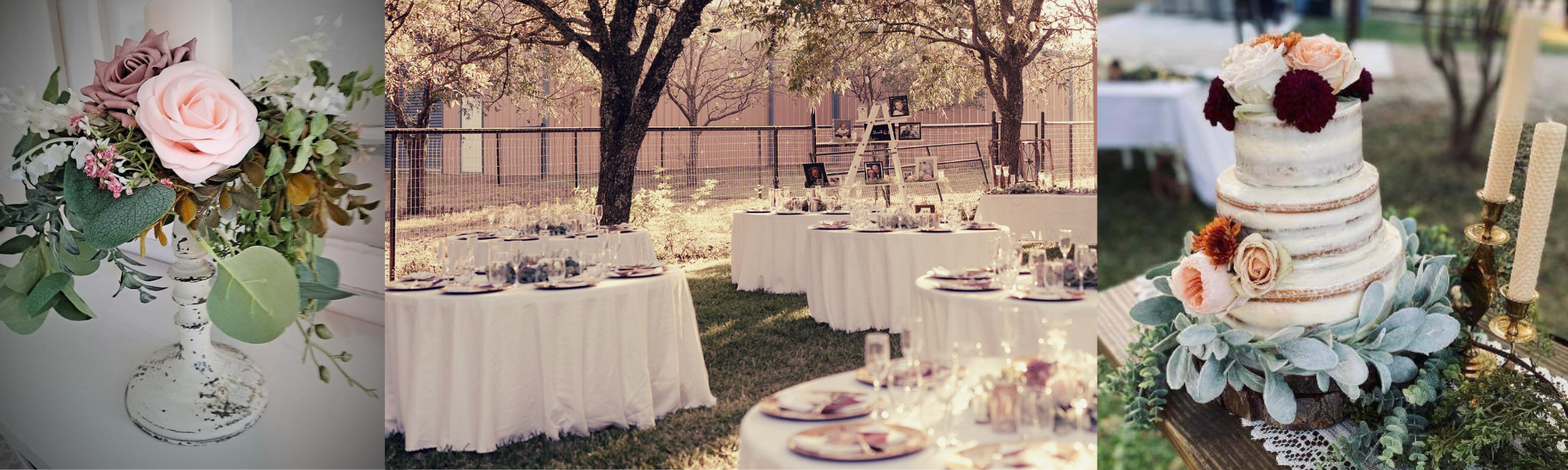 elegant florals, wedding reception tables and a beautiful wedding cake 